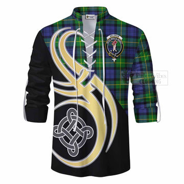 Meldrum Tartan Ghillie Kilt Shirt with Family Crest and Celtic Symbol Style - Tartan Vibes Clothing