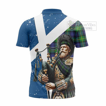 Meldrum Tartan Zipper Polo Shirt with Family Crest Scottish Bagpiper Vibes - Tartan Vibes Clothing