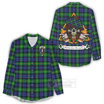 Meldrum Tartan Women's Casual Shirt with Family Crest and Bearded Skull Holding Bottles of Whiskey - Tartan Vibes Clothing