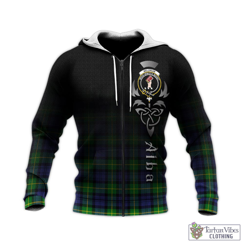 Tartan Vibes Clothing Meldrum Tartan Knitted Hoodie Featuring Alba Gu Brath Family Crest Celtic Inspired