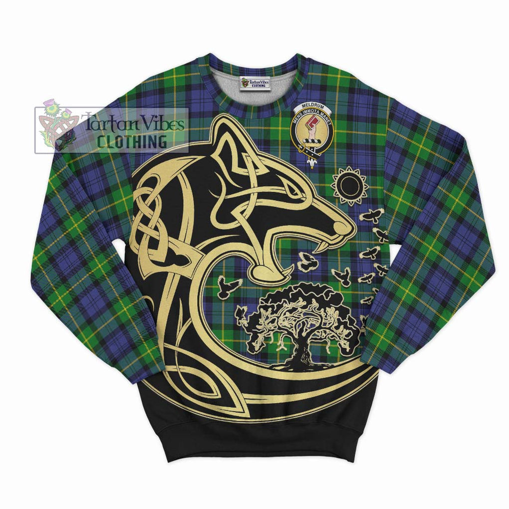Meldrum Tartan Sweatshirt with Family Crest Celtic Wolf Style - Tartan Vibes Clothing