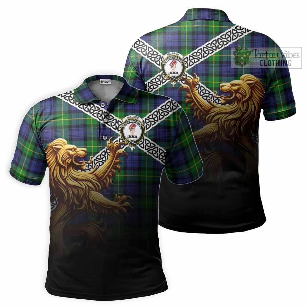 Meldrum Crest Tartan Polo Shirt with Golden Lion Emblem Celtic Style - Tartan Vibes Clothing