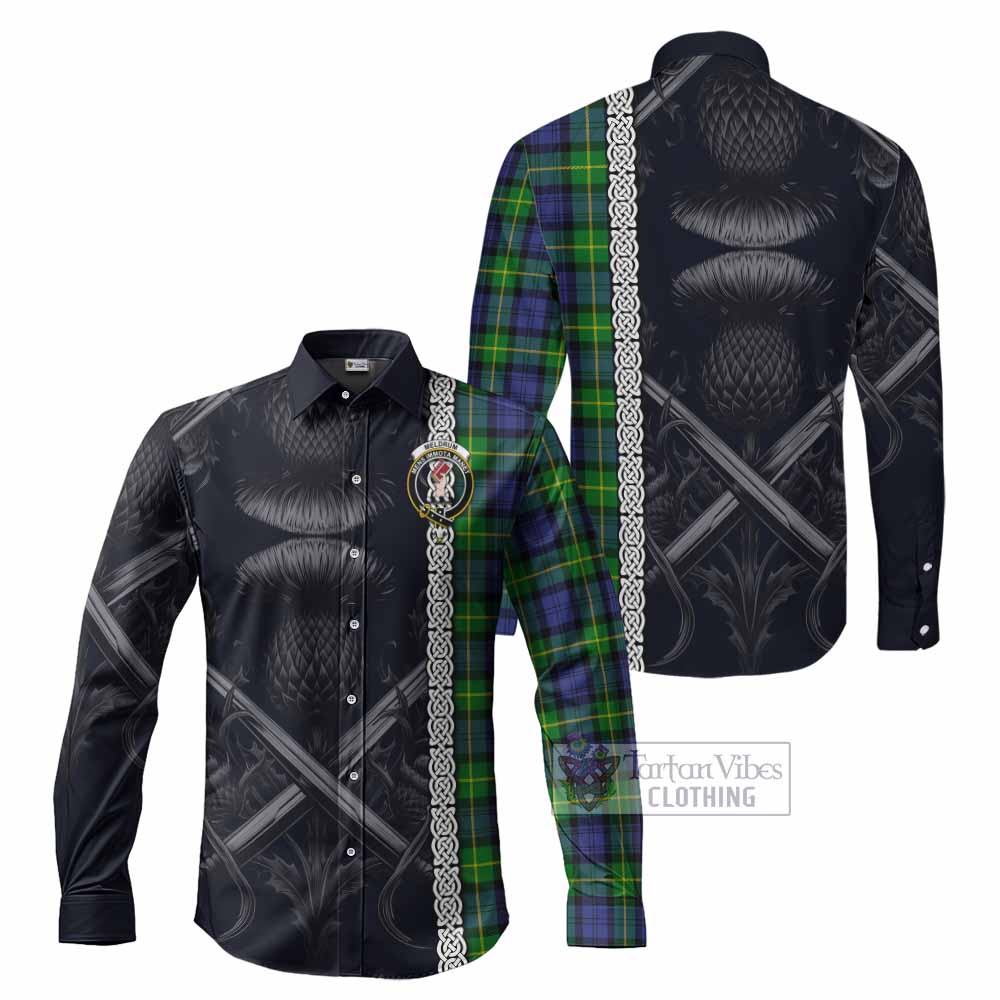Tartan Vibes Clothing Meldrum Tartan Long Sleeve Button Shirt with Family Crest Cross Sword Thistle Celtic Vibes