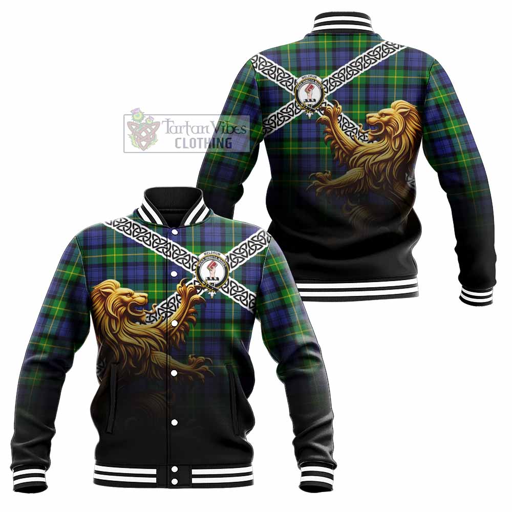 Meldrum Crest Tartan Baseball Jacket with Golden Lion Emblem Celtic Style - Tartan Vibes Clothing