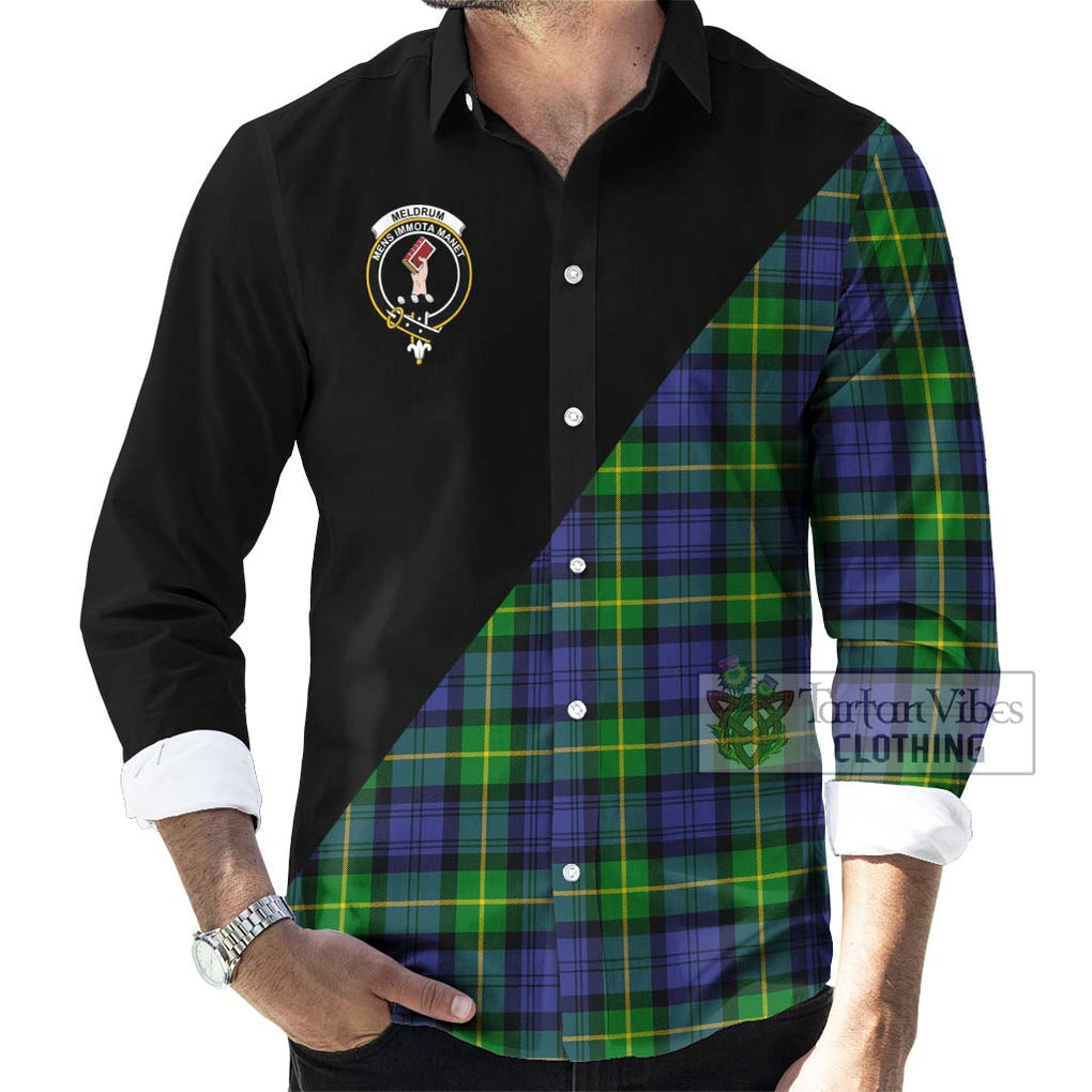 Meldrum Tartan Long Sleeve Button Shirt with Family Crest and Military Logo Style - Tartanvibesclothing Shop