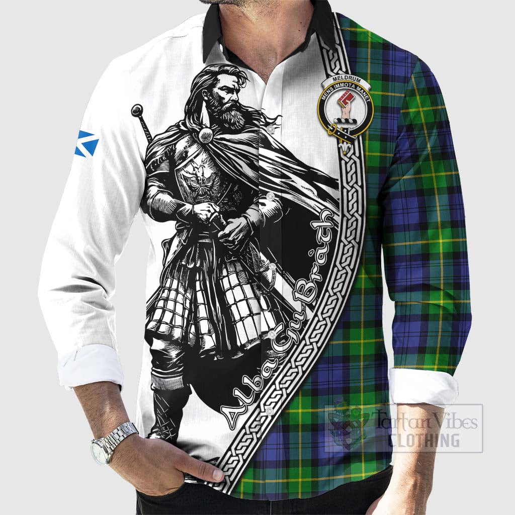 Meldrum Tartan Clan Crest Long Sleeve Button Shirt with Highlander Warrior Celtic Style - Tartan Vibes Clothing