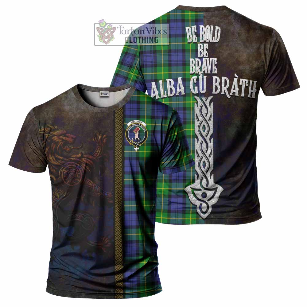 Meldrum Tartan Family Crest T-Shirt Alba Gu Brath Be Brave Lion Ancient Style - Tartan Vibes Clothing