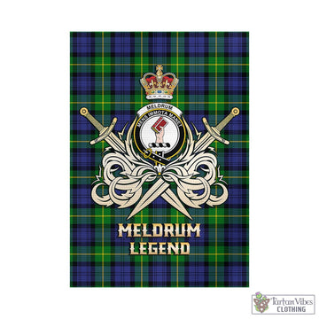 Meldrum Tartan Garden Flag with Clan Crest and the Golden Sword of Courageous Legacy