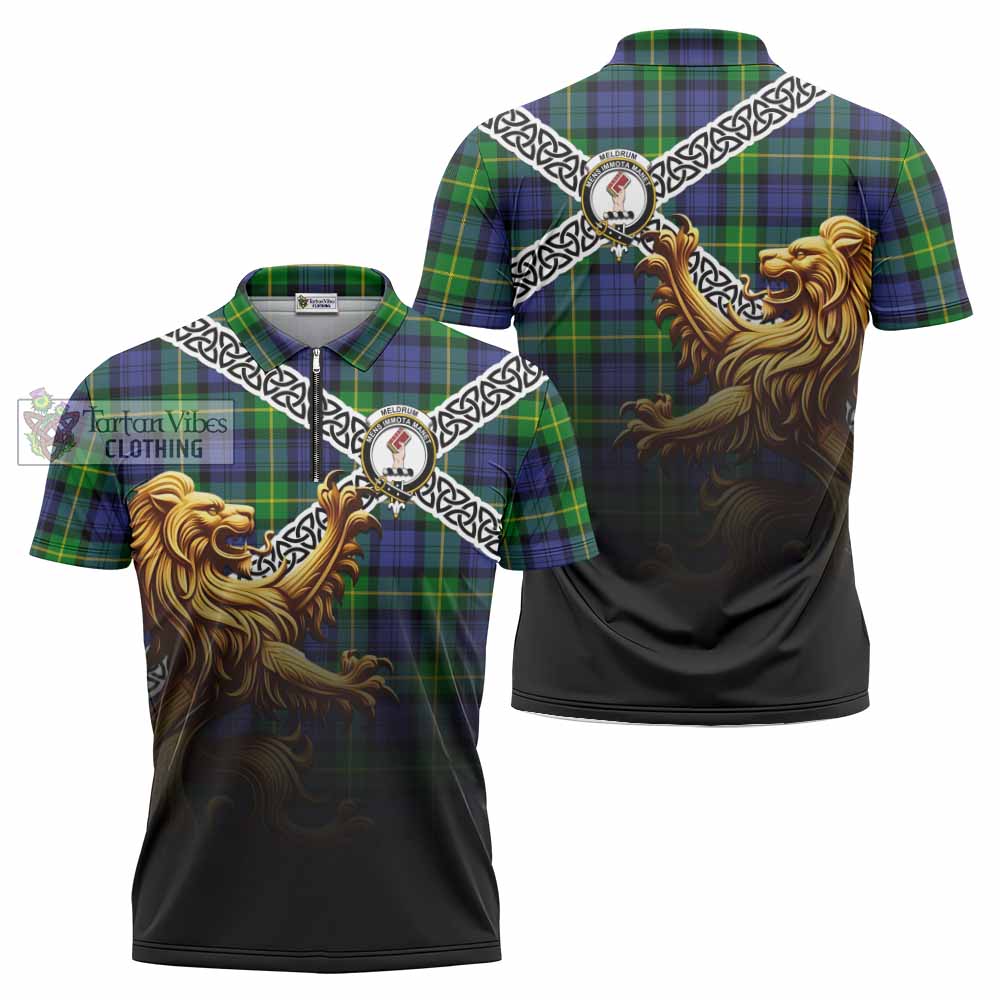 Meldrum Crest Tartan Zipper Polo Shirt with Golden Lion Emblem Celtic Style - Tartan Vibes Clothing