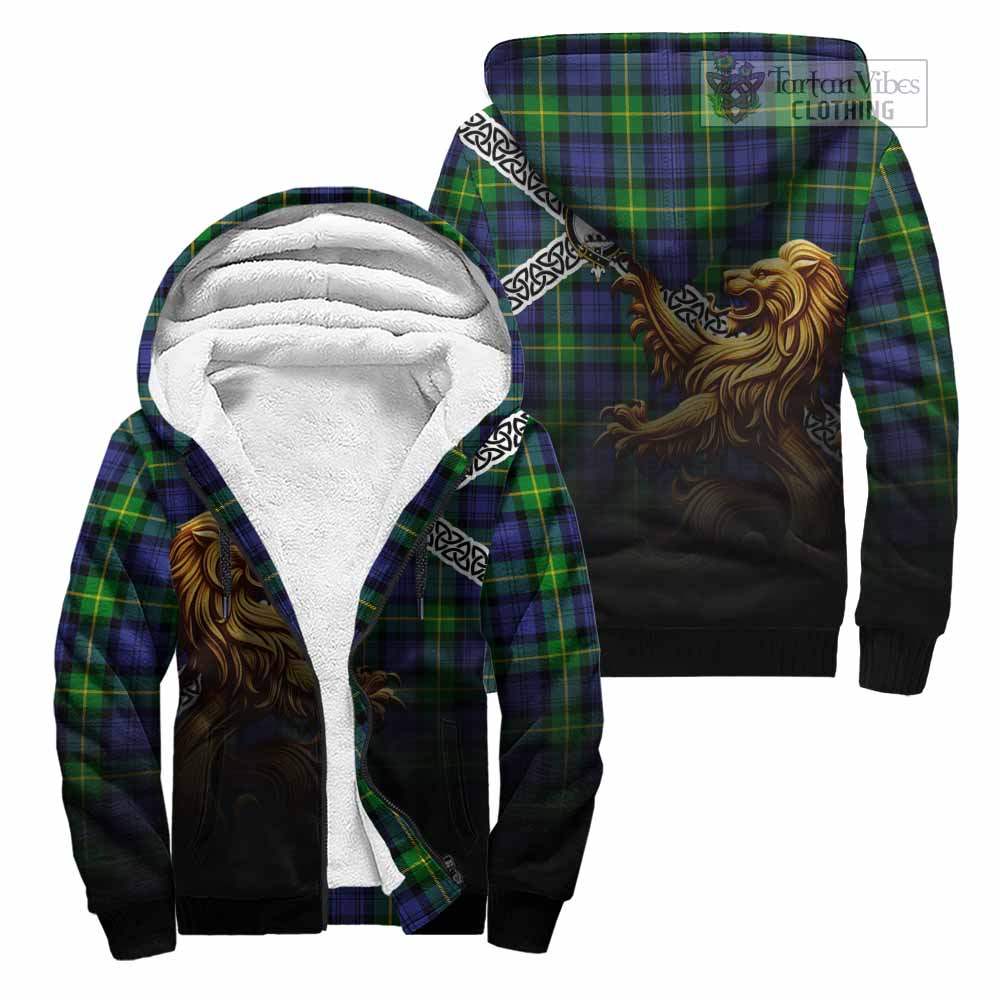 Meldrum Crest Tartan Sherpa Hoodie with Golden Lion Emblem Celtic Style Unisex - Tartan Vibes Clothing