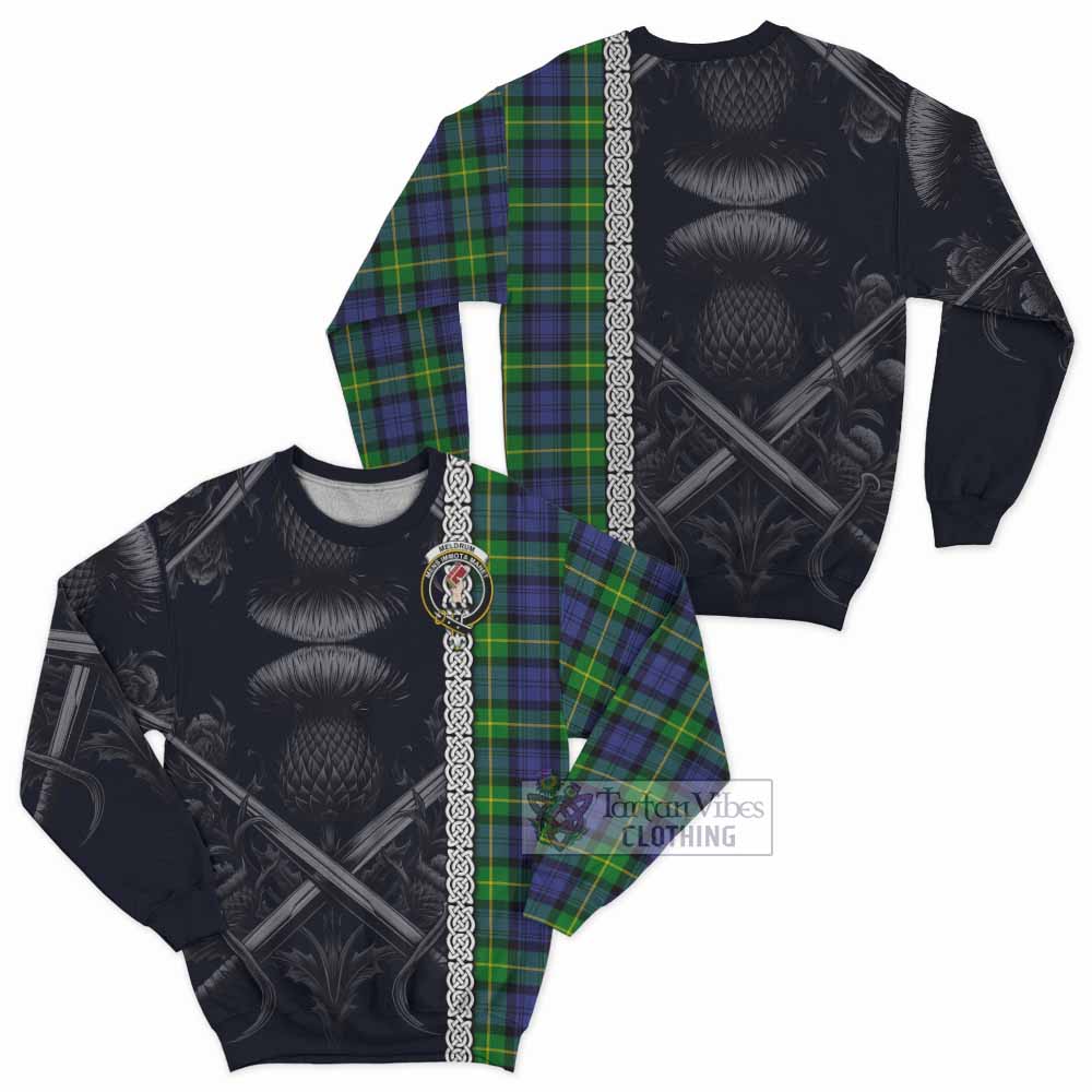 Meldrum Tartan Sweatshirt with Family Crest Cross Sword Thistle Celtic Vibes - Tartan Vibes Clothing