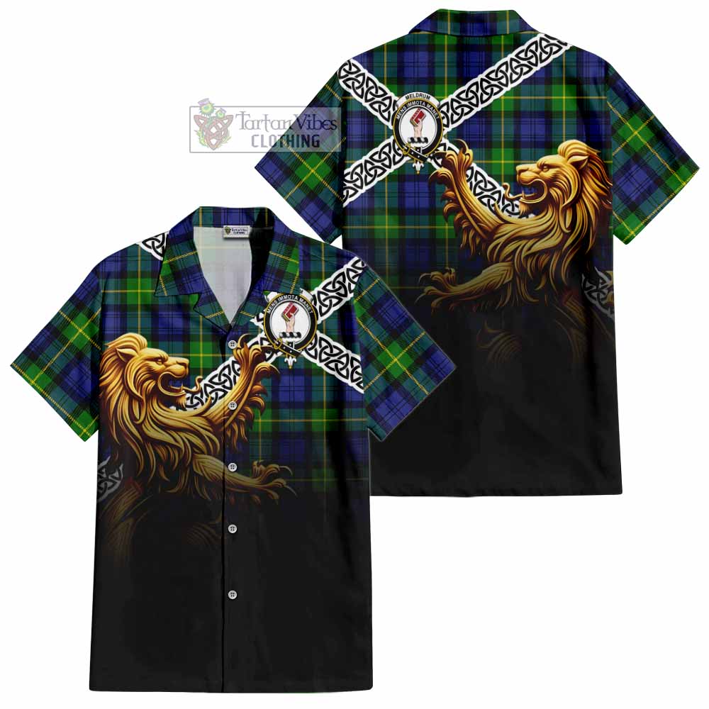 Meldrum Crest Tartan Hawaiian Shirt with Golden Lion Emblem Celtic Style - Tartan Vibes Clothing