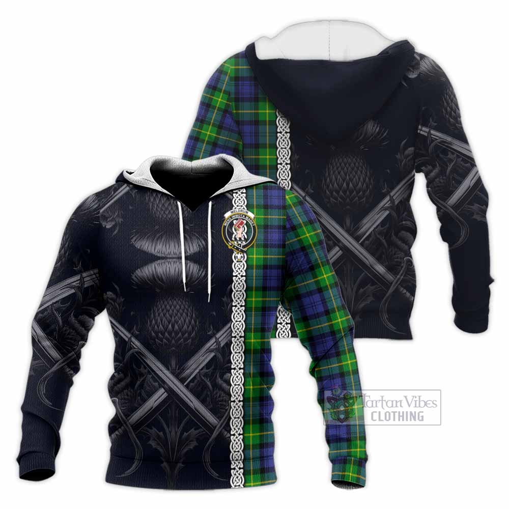 Meldrum Tartan Knitted Hoodie with Family Crest Cross Sword Thistle Celtic Vibes - Tartan Vibes Clothing