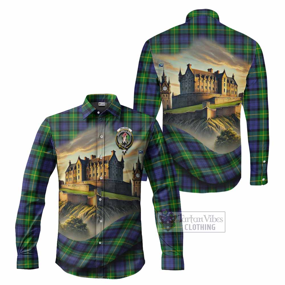 Tartan Vibes Clothing Meldrum Tartan Family Crest Long Sleeve Button Shirt with Scottish Ancient Castle Style