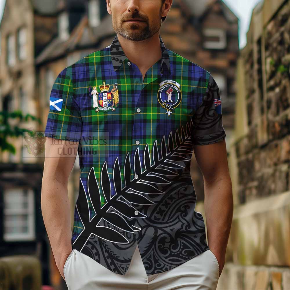 Meldrum Crest Tartan Hawaiian Shirt with New Zealand Silver Fern Half Style - Tartan Vibes Clothing