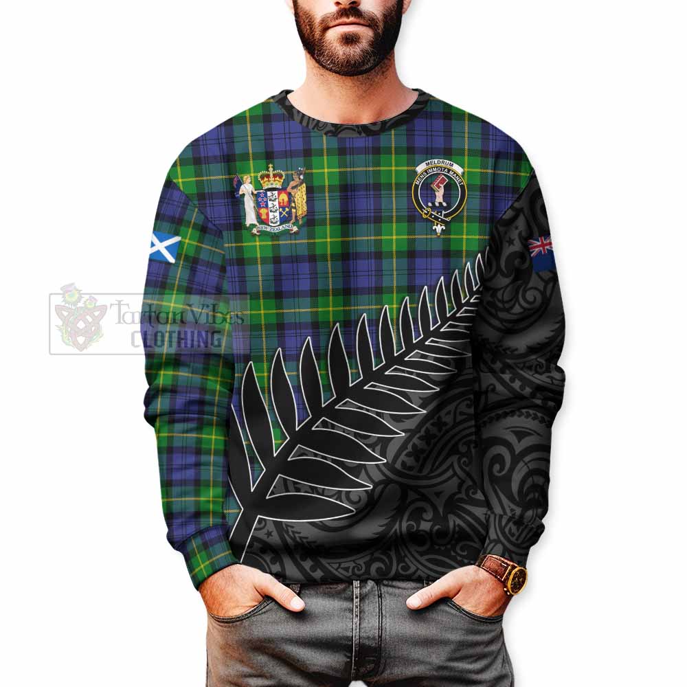 Meldrum Crest Tartan Sweatshirt with New Zealand Silver Fern Half Style - Tartan Vibes Clothing