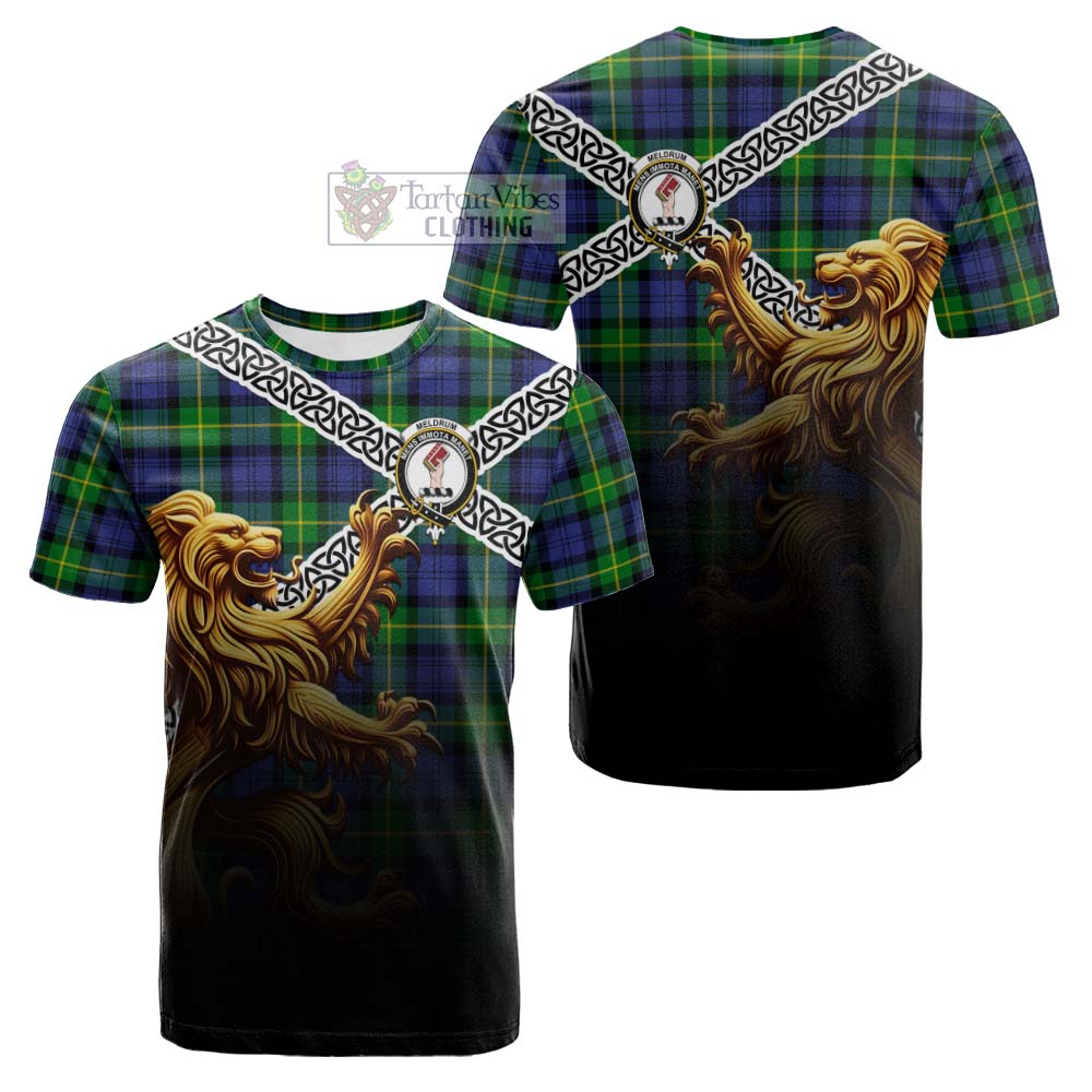 Tartan Vibes Clothing Meldrum Crest Tartan Cotton T-shirt with Golden Lion Emblem Celtic Style