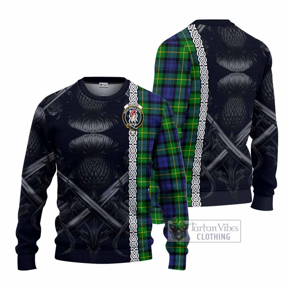 Meldrum Tartan Knitted Sweater with Family Crest Cross Sword Thistle Celtic Vibes - Tartan Vibes Clothing