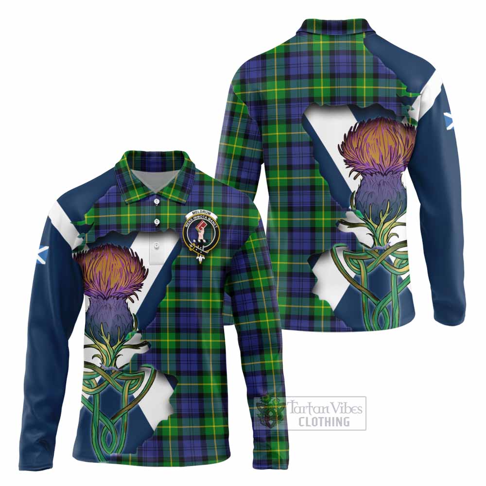 Meldrum Tartan Family Crest Long Sleeve Polo Shirt Scottish Thistle Celtic Inspired - Tartan Vibes Clothing