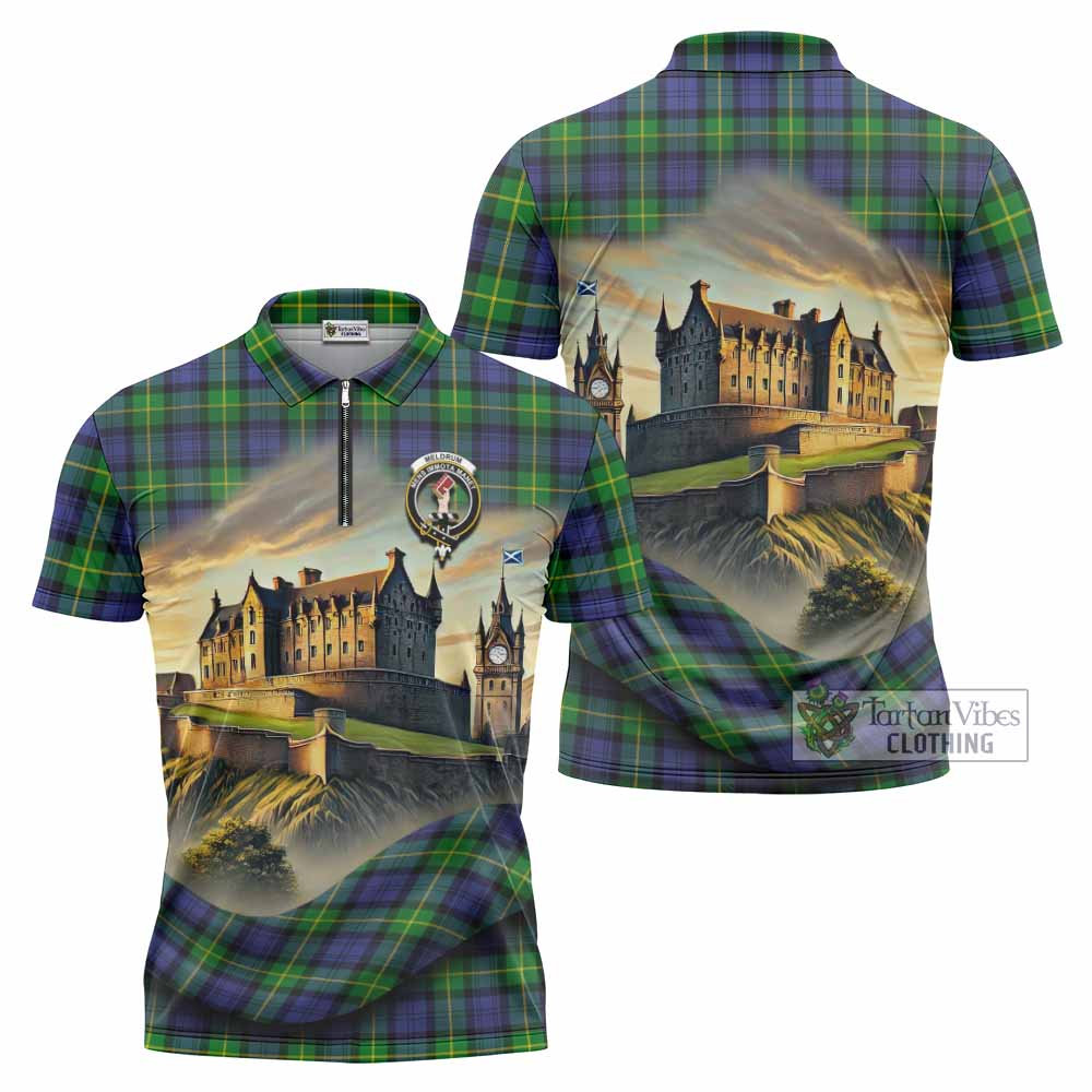 Meldrum Tartan Family Crest Zipper Polo Shirt with Scottish Ancient Castle Style - Tartan Vibes Clothing