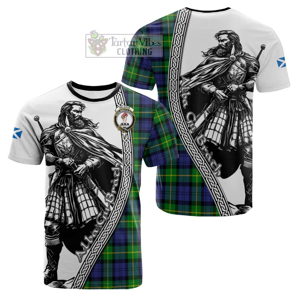 Meldrum Tartan Clan Crest Cotton T-shirt with Highlander Warrior Celtic Style