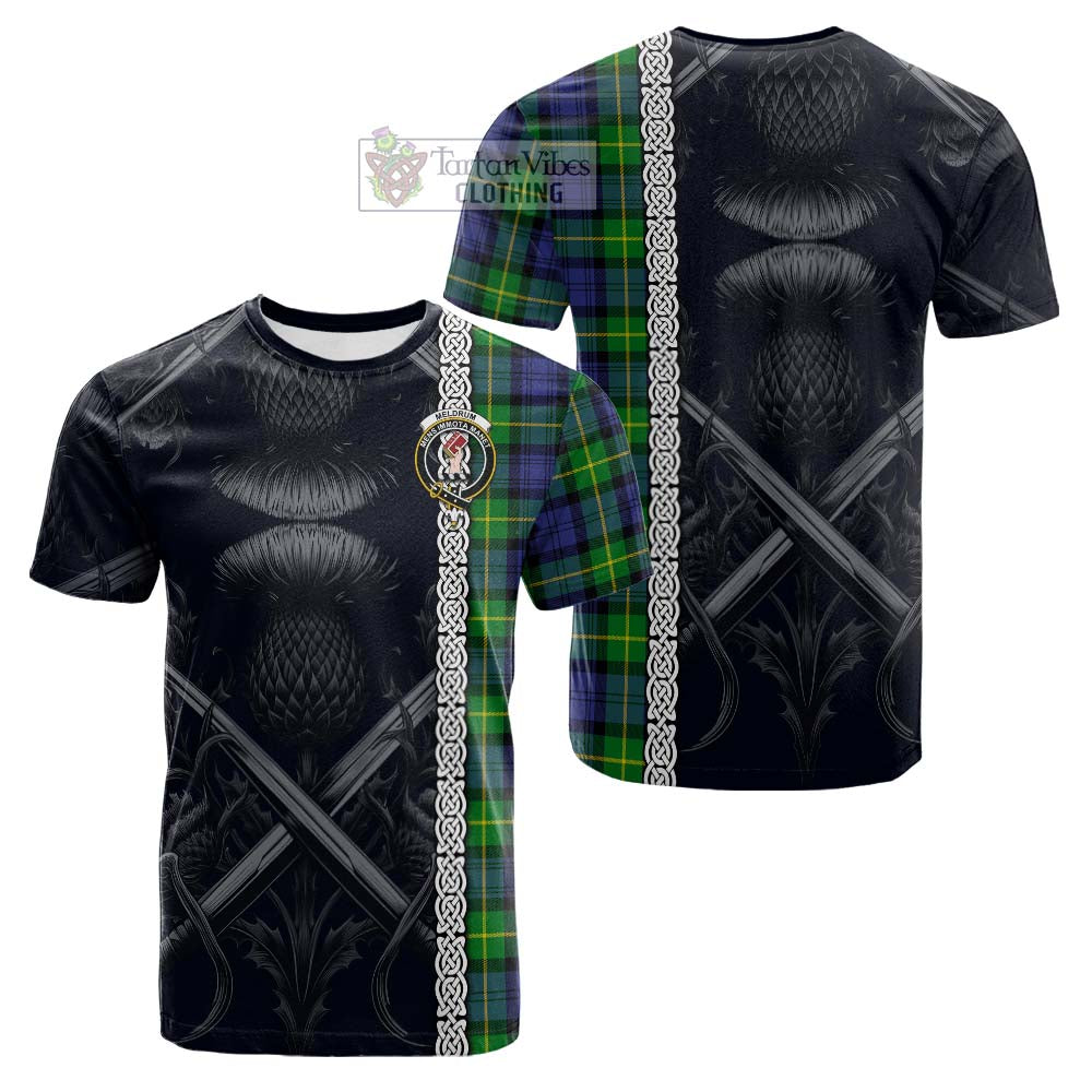 Meldrum Tartan Cotton T-shirt with Family Crest Cross Sword Thistle Celtic Vibes - Tartan Vibes Clothing