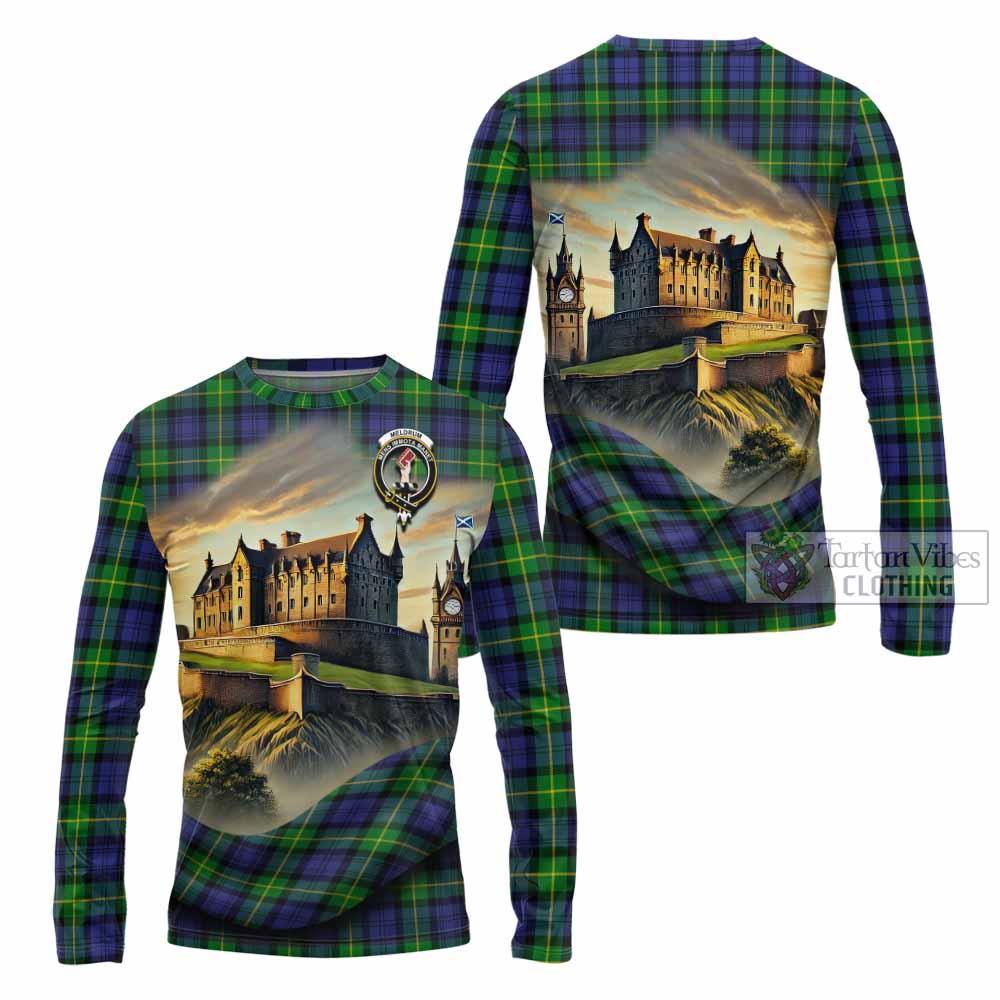 Meldrum Tartan Family Crest Long Sleeve T-Shirt with Scottish Ancient Castle Style - Tartan Vibes Clothing
