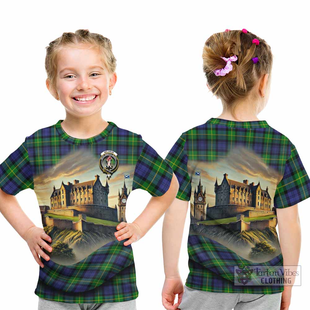 Meldrum Tartan Family Crest Kid T-Shirt with Scottish Ancient Castle Style - Tartan Vibes Clothing