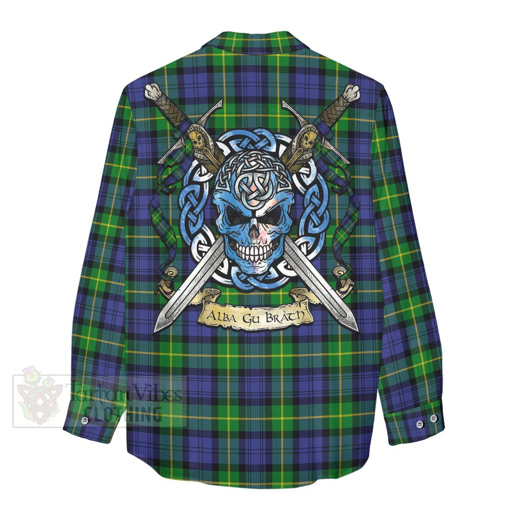 Meldrum Tartan Women's Casual Shirt with Family Crest Celtic Skull Style - Tartan Vibes Clothing