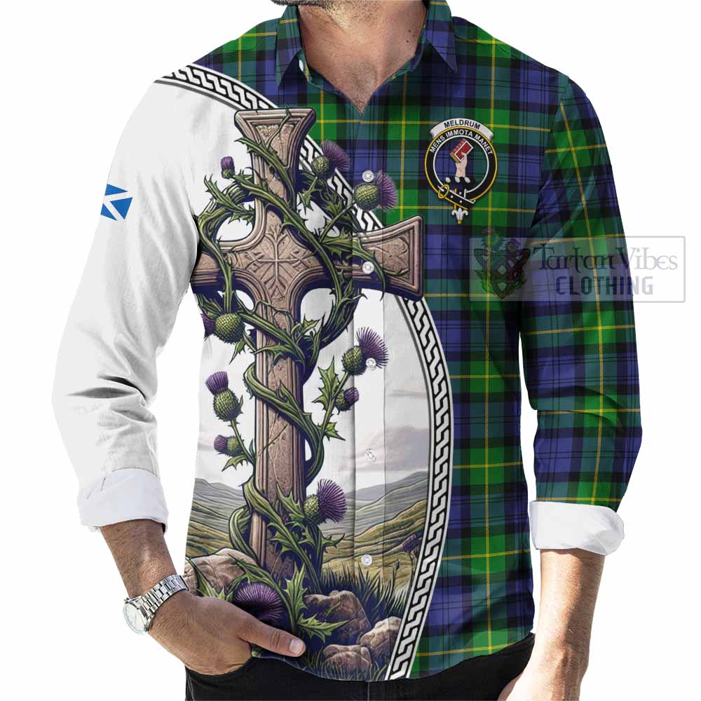 Meldrum Tartan Long Sleeve Button Shirt with Family Crest and St. Andrew's Cross Accented by Thistle Vines - Tartan Vibes Clothing