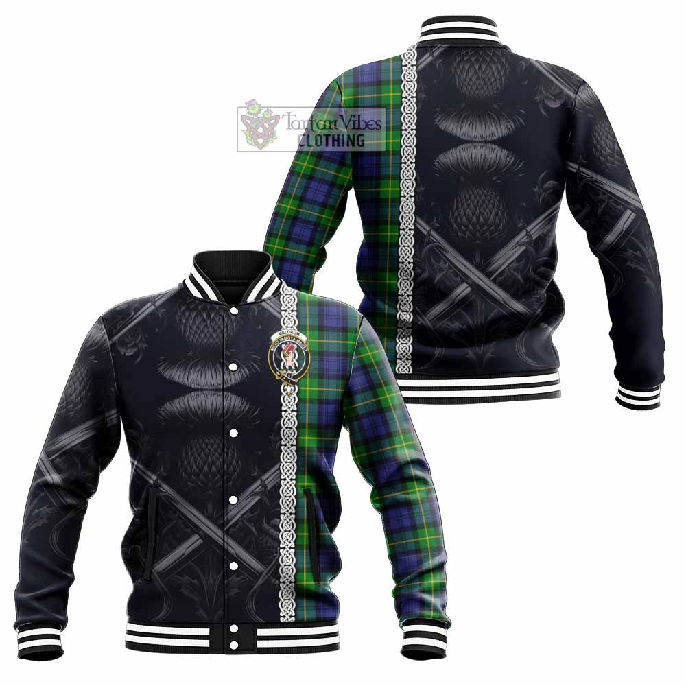 Meldrum Tartan Baseball Jacket with Family Crest Cross Sword Thistle Celtic Vibes - Tartan Vibes Clothing