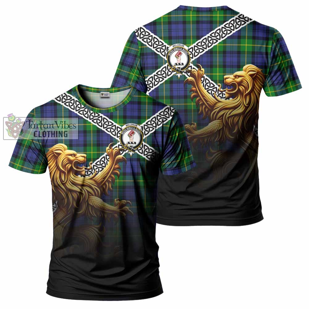 Meldrum Crest Tartan T-Shirt with Golden Lion Emblem Celtic Style - Tartan Vibes Clothing