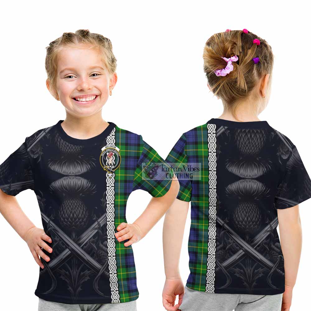 Meldrum Tartan Kid T-Shirt with Family Crest Cross Sword Thistle Celtic Vibes - Tartan Vibes Clothing