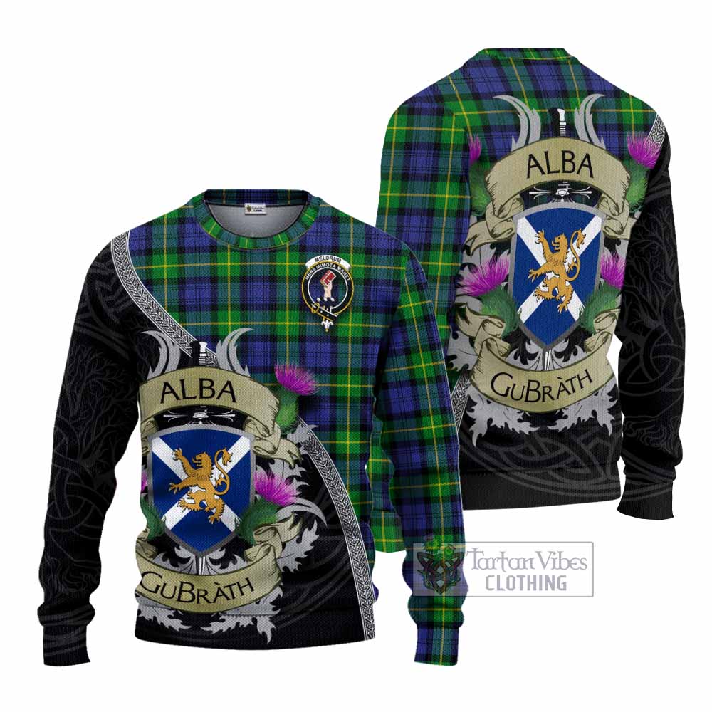 Meldrum Tartan Family Crest Knitted Sweater Lion Rampant Royal Thistle Shield Celtic Inspired - Tartan Vibes Clothing