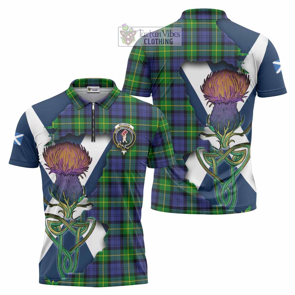Meldrum Tartan Family Crest Zipper Polo Shirt Scottish Thistle Celtic Inspired - Tartan Vibes Clothing