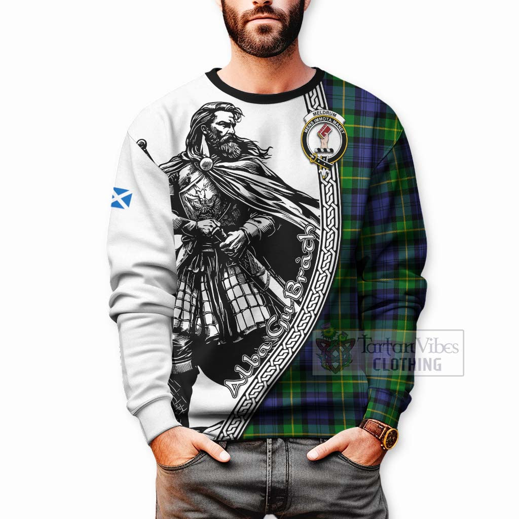 Meldrum Tartan Clan Crest Sweatshirt with Highlander Warrior Celtic Style - Tartan Vibes Clothing