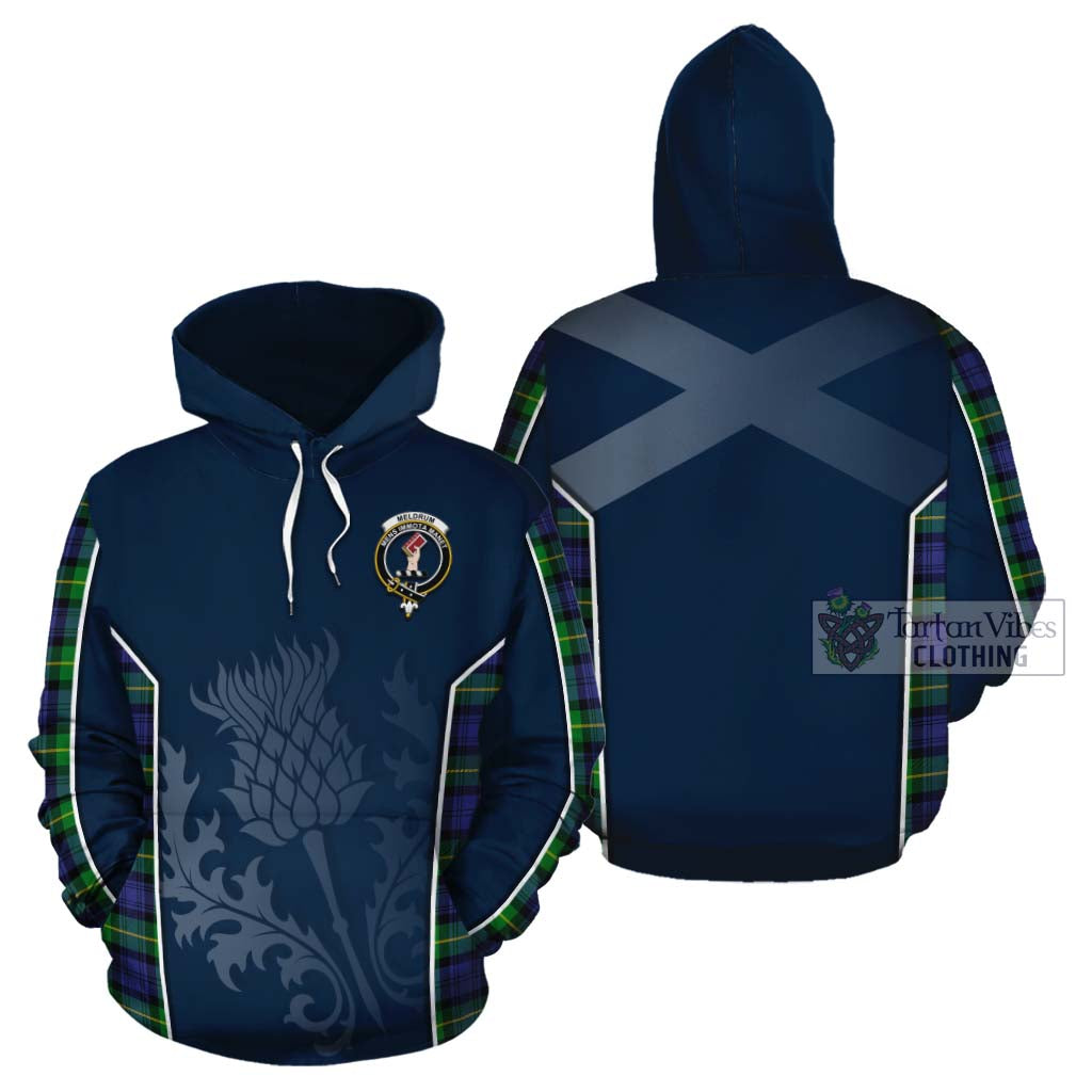 Tartan Vibes Clothing Meldrum Tartan Cotton Hoodie with Family Crest and Scottish Thistle Vibes Sport Style