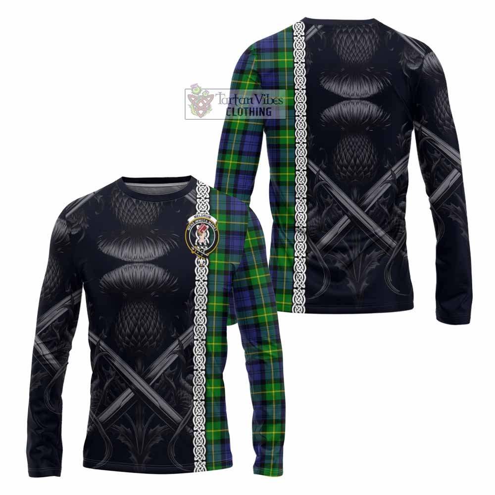 Meldrum Tartan Long Sleeve T-Shirt with Family Crest Cross Sword Thistle Celtic Vibes - Tartan Vibes Clothing