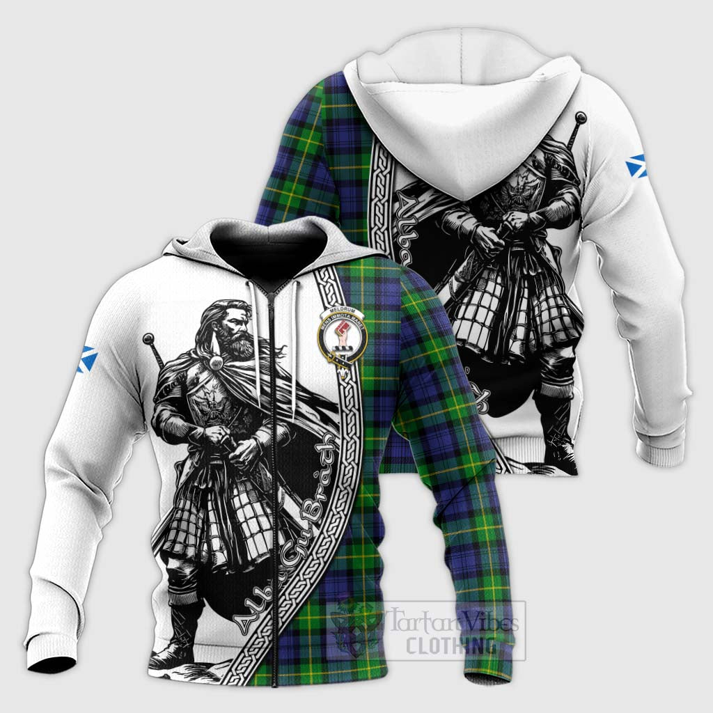 Meldrum Tartan Clan Crest Knitted Hoodie with Highlander Warrior Celtic Style Unisex Knitted Zip Hoodie - Tartan Vibes Clothing