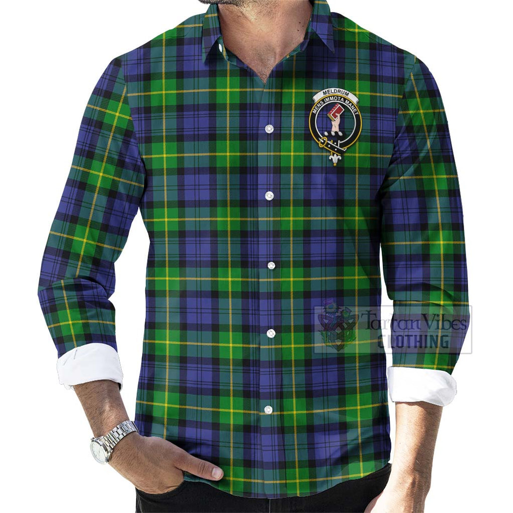 Meldrum Tartan Long Sleeve Button Shirt with Family Crest Celtic Skull Style - Tartan Vibes Clothing