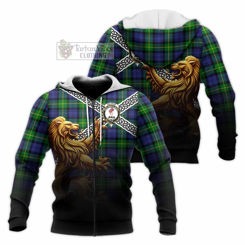 Meldrum Crest Tartan Knitted Hoodie with Golden Lion Emblem Celtic Style Unisex Knitted Zip Hoodie - Tartan Vibes Clothing