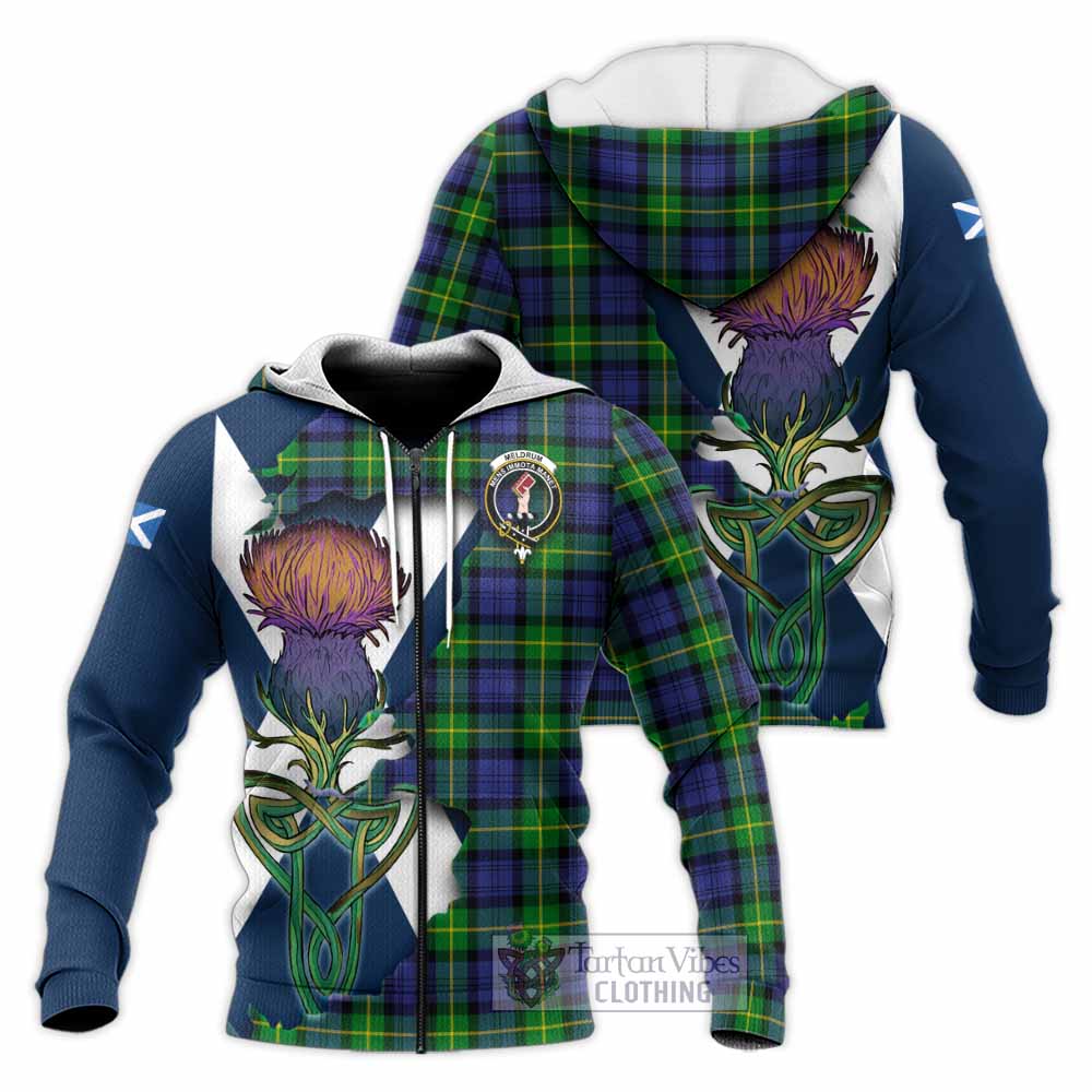 Meldrum Tartan Family Crest Knitted Hoodie Scottish Thistle Celtic Inspired Unisex Knitted Zip Hoodie - Tartan Vibes Clothing