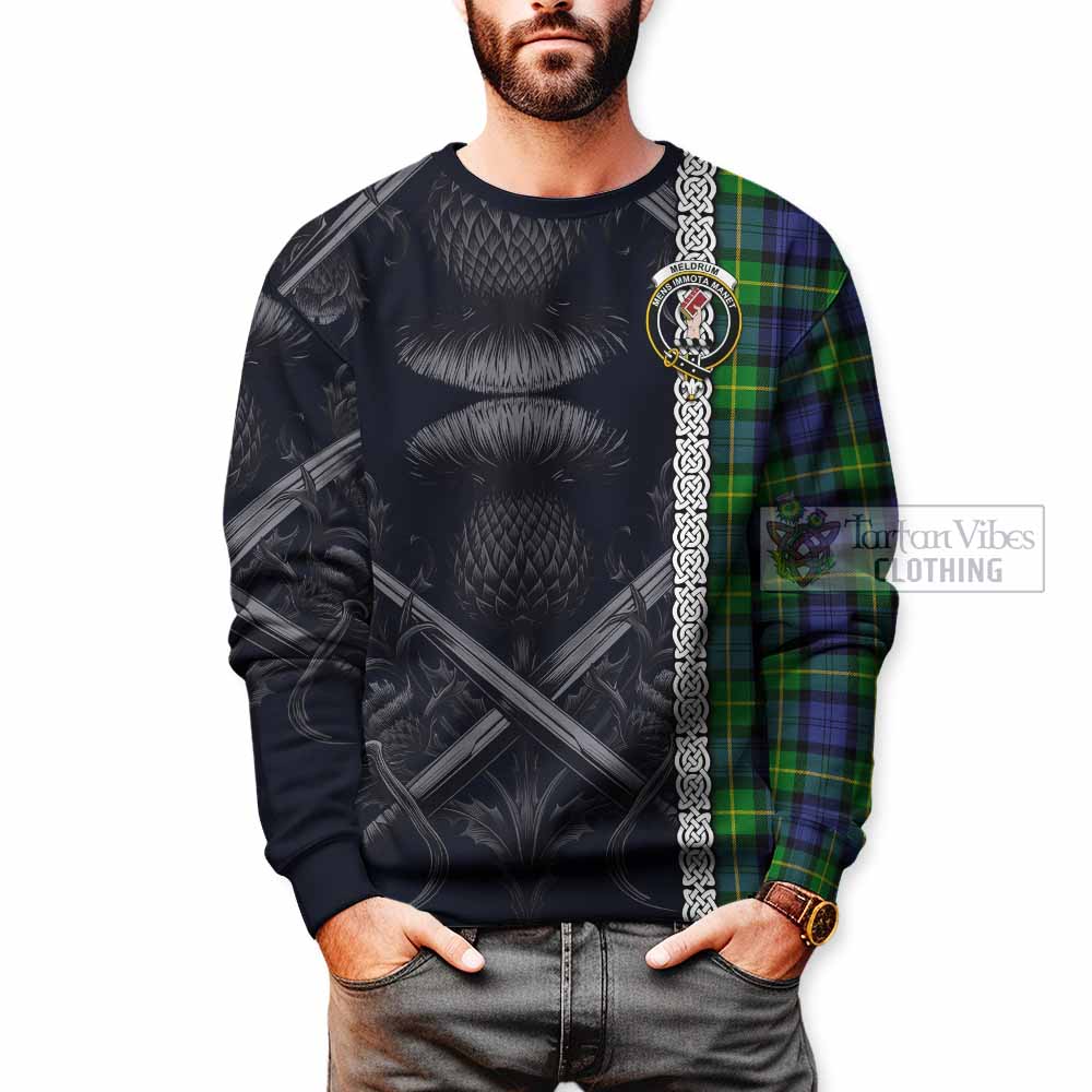 Meldrum Tartan Sweatshirt with Family Crest Cross Sword Thistle Celtic Vibes - Tartan Vibes Clothing