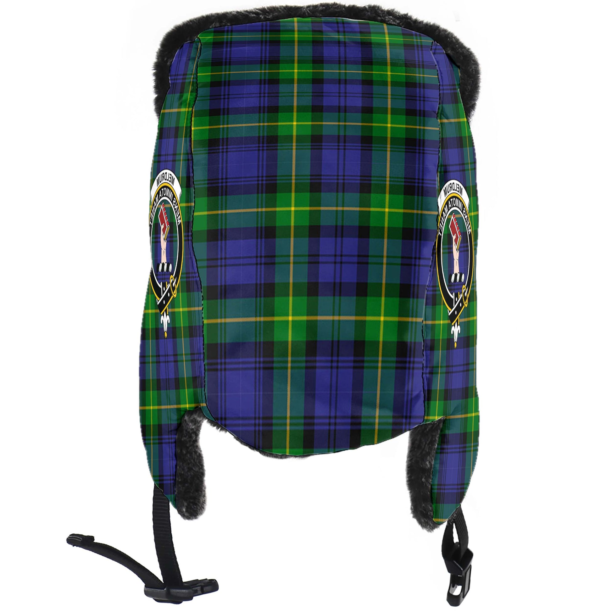 Meldrum Tartan Winter Trapper Hat with Family Crest - Tartan Vibes Clothing