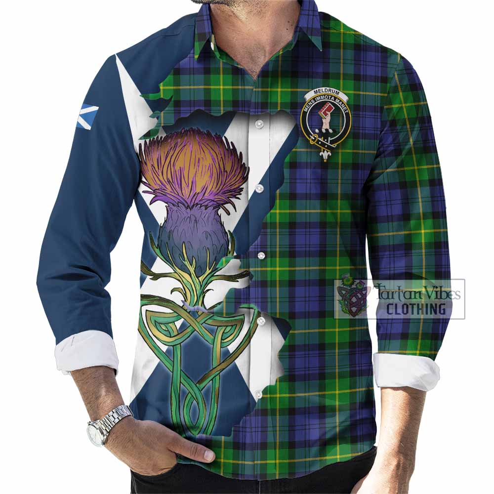 Meldrum Tartan Family Crest Long Sleeve Button Shirt Scottish Thistle Celtic Inspired - Tartan Vibes Clothing