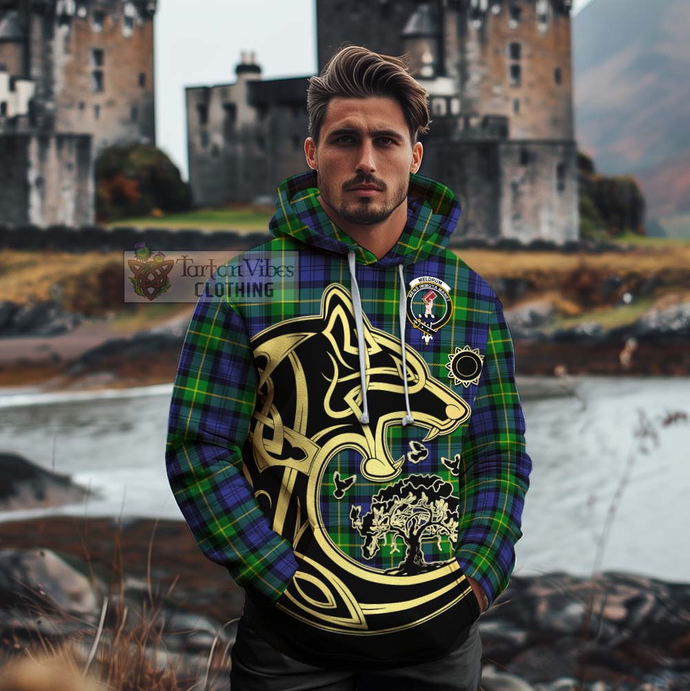 Meldrum Tartan Cotton Hoodie with Family Crest Celtic Wolf Style - Tartan Vibes Clothing