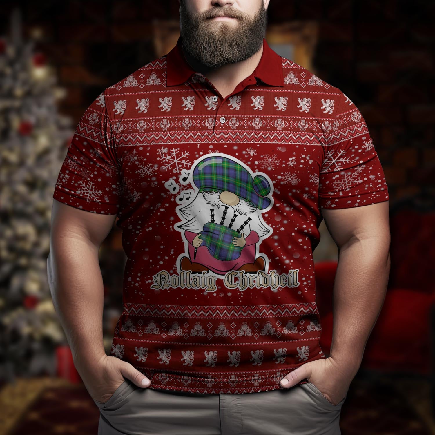 Meldrum Clan Christmas Family Polo Shirt with Funny Gnome Playing Bagpipes Men's Polo Shirt Red - Tartanvibesclothing