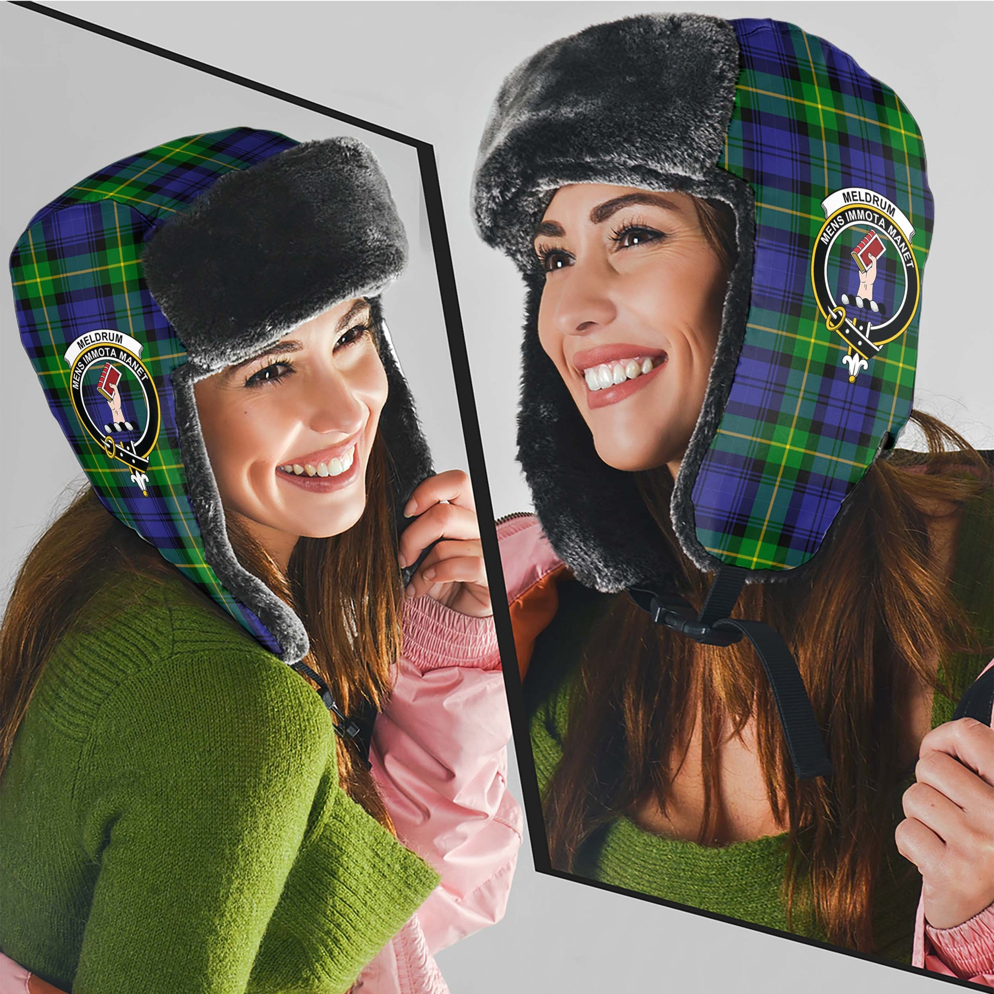 Meldrum Tartan Winter Trapper Hat with Family Crest - Tartan Vibes Clothing