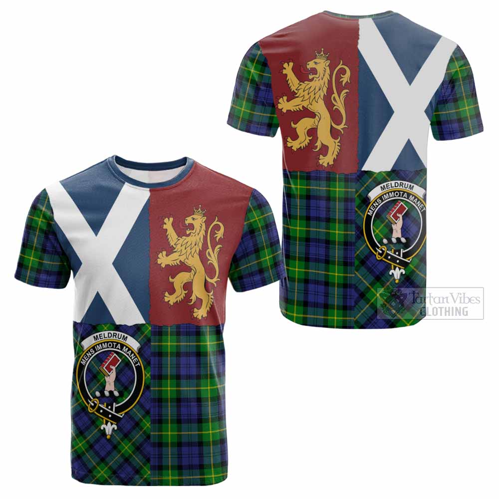 Meldrum Crest Tartan Cotton T-shirt with Lion Rampant Saltire Style - Tartan Vibes Clothing
