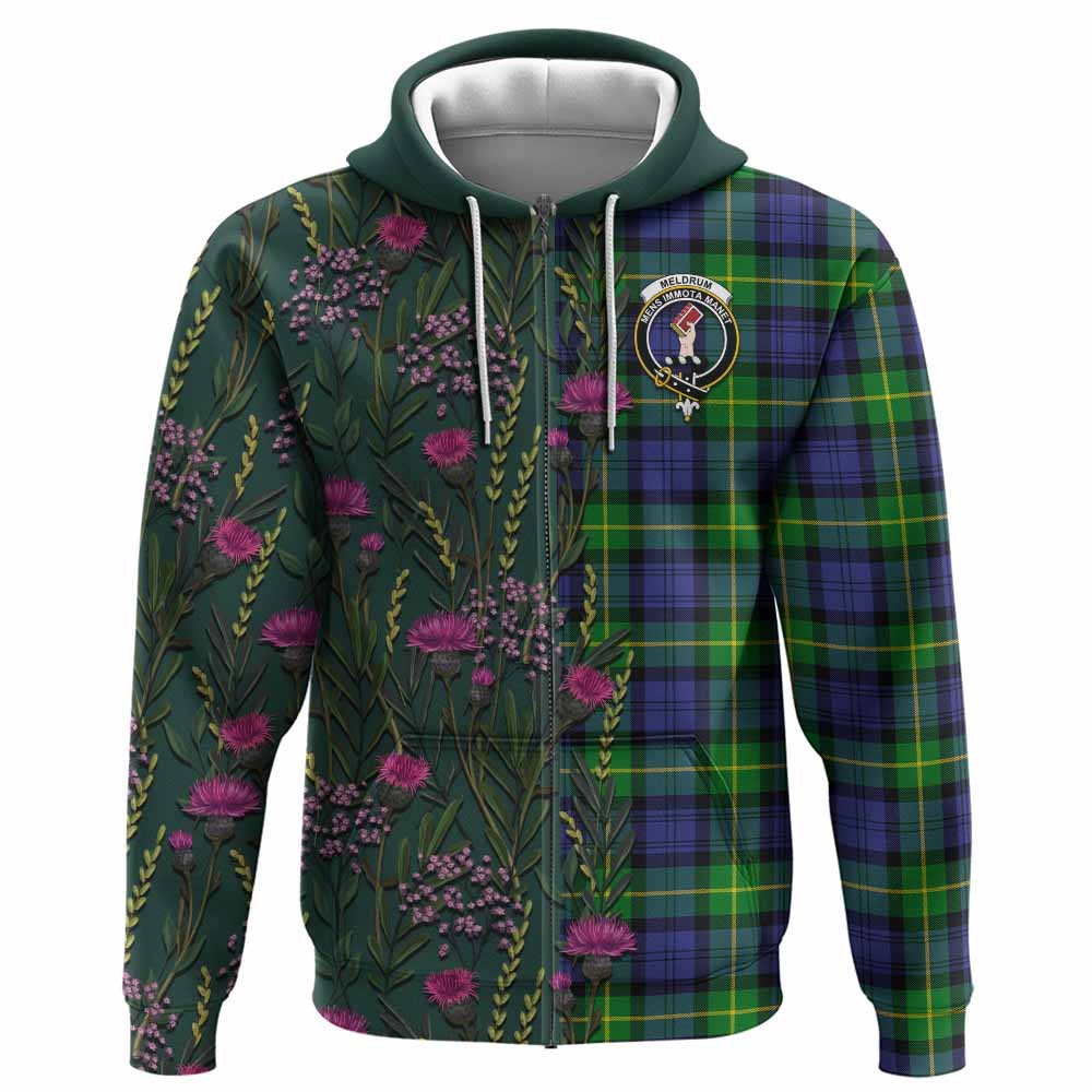 Meldrum Family Crest Tartan Hoodie Scottish Thistle Flower Pattern Half Style - Tartan Vibes Clothing